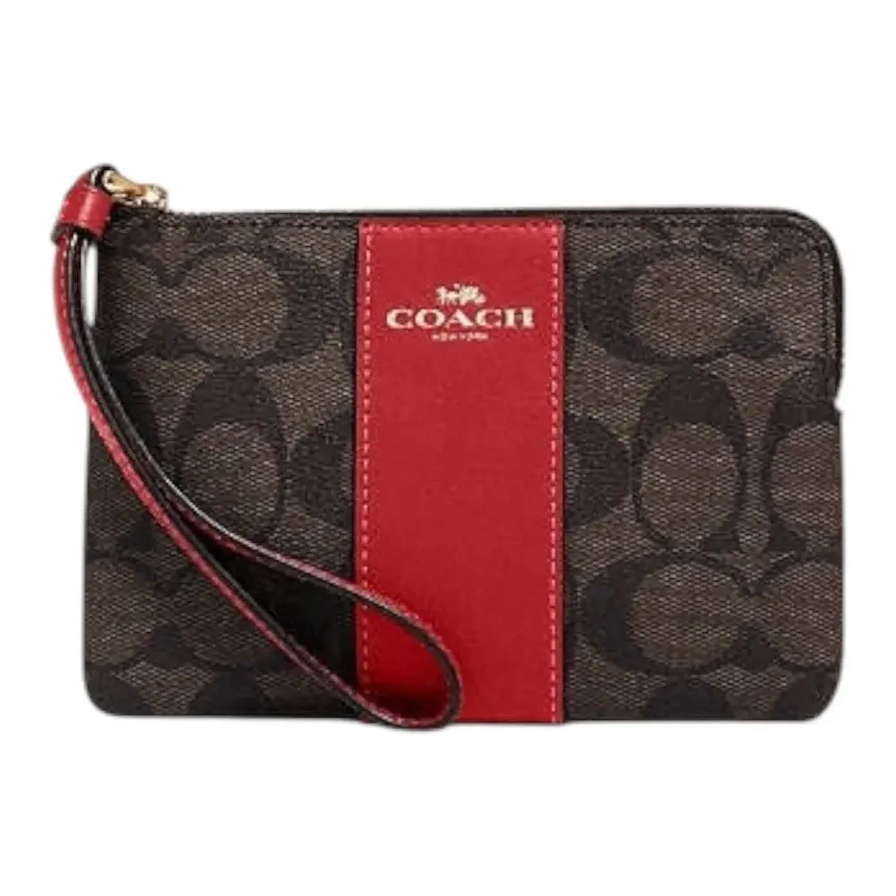 Coach‎ Corner Zip Wristlet Gold/Brown 1941 Red Signature Canvas Wallet ~ NEW